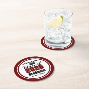 Personalized Maroon Class of 2026 Graduation Party Round Paper Coaster