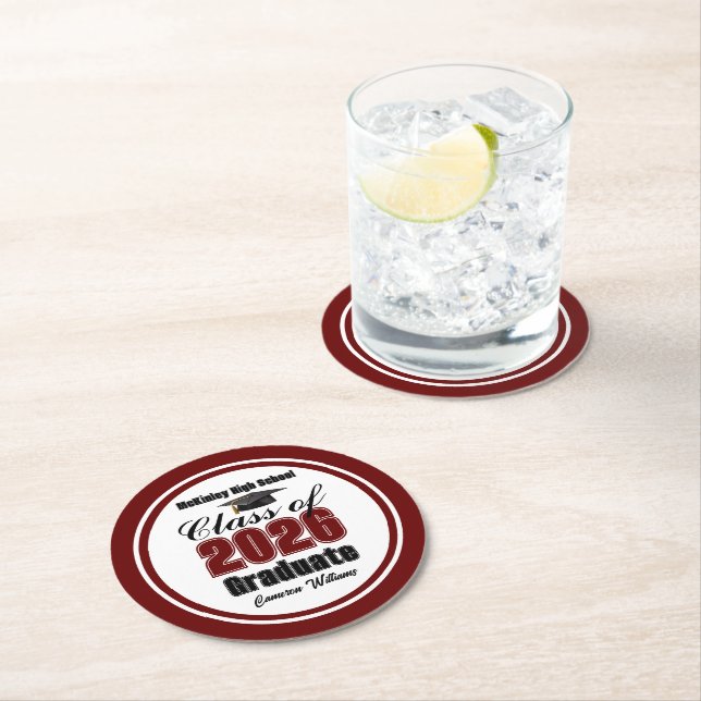 Personalized Maroon Class of 2026 Graduation Party Round Paper Coaster (Insitu)
