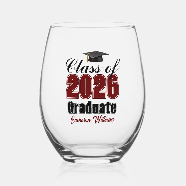Personalized Maroon Class of 2026 Graduation Stemless Wine Glass (Front)