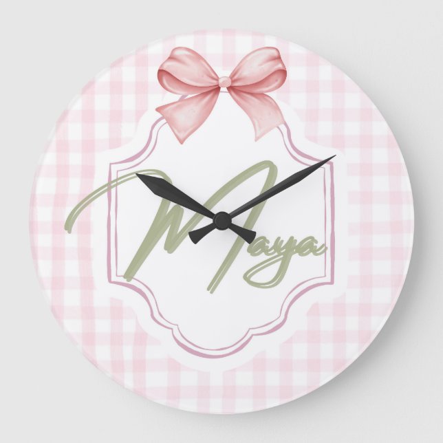 Personalized Maya Baby Girl Nursery Bow&Gingham  Large Clock (Front)