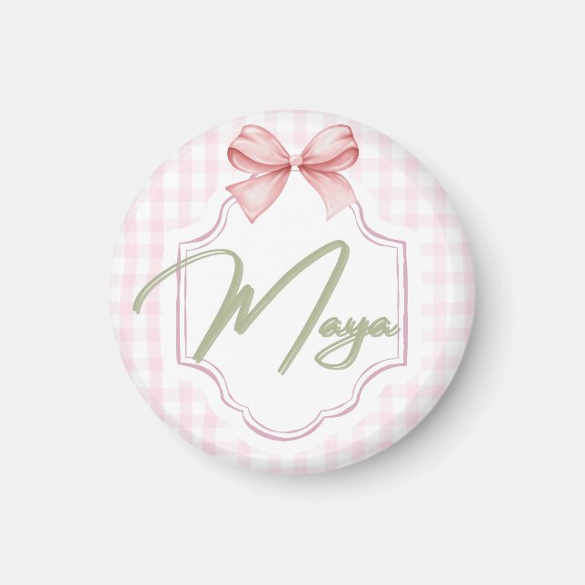 Personalized Maya Baby Girl Nursery Bow&Gingham  Magnet (Front)