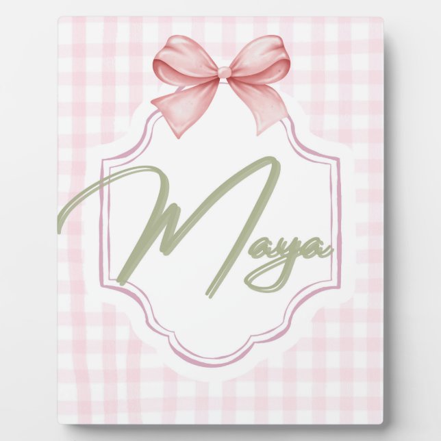 Personalized Maya Baby Girl Nursery Bow&Gingham  Plaque (Front)