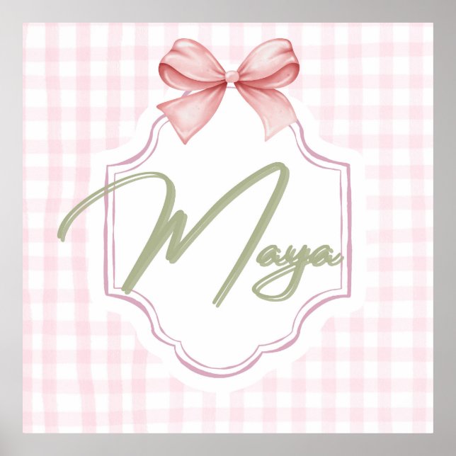Personalized Maya Baby Girl Nursery Bow&Gingham  Poster (Front)