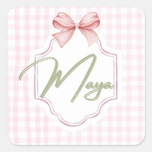 Personalized Maya Baby Girl Nursery Bow&Gingham  Square Sticker