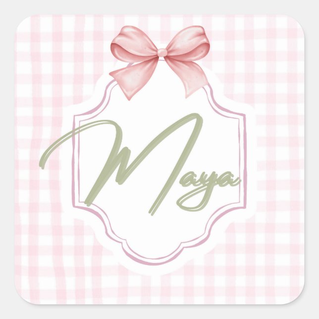 Personalized Maya Baby Girl Nursery Bow&Gingham  Square Sticker (Front)