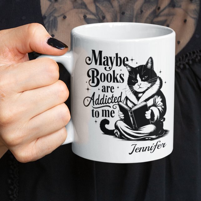 Personalized Maybe Books Are Addicted To Me Coffee Mug (book reading cat mug)