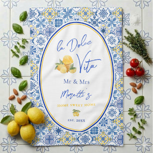 Personalized Mediterranean Tile Newlywed Tea Towel