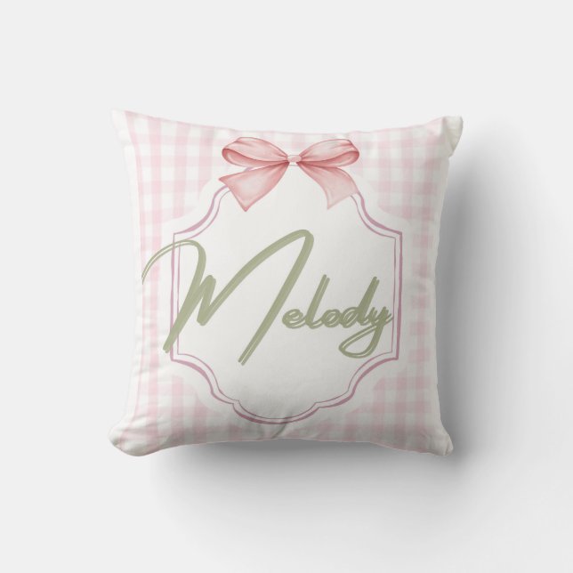 Personalized Melody Baby Girl Nursery Bow&Gingham Cushion (Front)