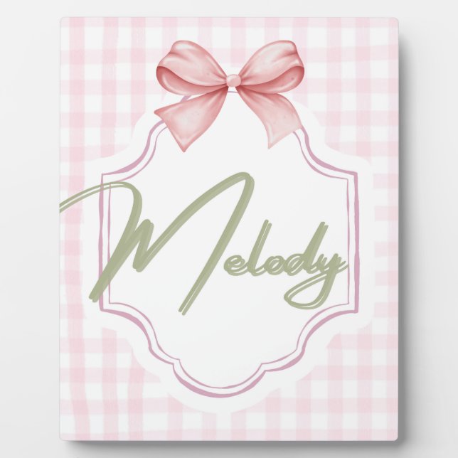 Personalized Melody Baby Girl Nursery Bow&Gingham Plaque (Front)