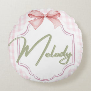 Personalized Melody Baby Girl Nursery Bow&Gingham Round Cushion