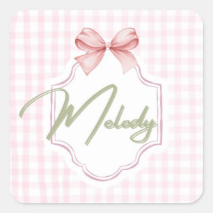 Personalized Melody Baby Girl Nursery Bow&Gingham Square Sticker