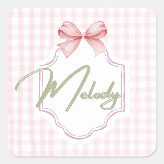 Personalized Melody Baby Girl Nursery Bow&Gingham Square Sticker (Front)