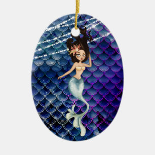 Personalized Mermaid in Blue ~ Sparkling Beach Ceramic Tree Decoration