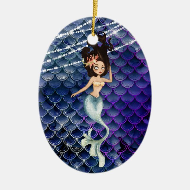 Personalized Mermaid in Blue ~ Sparkling Beach Ceramic Tree Decoration (Front)