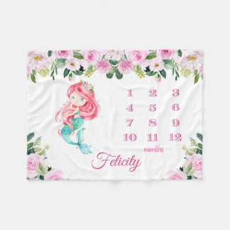 Personalized Mermaid Monthly Growth Milestone Baby Fleece Blanket