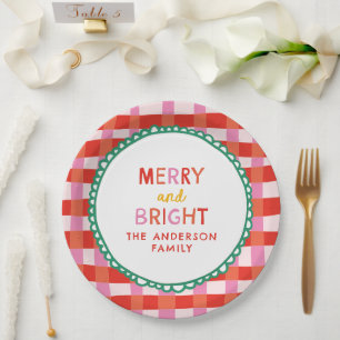 Personalized Merry and Bright Red Checkered Paper Plate