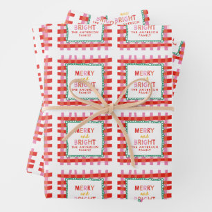 Personalized Merry and Bright Red Checkered  Wrapping Paper Sheet