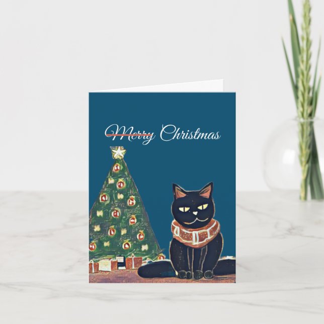Personalized Merry Christmas Angry Black Cat  Holiday Card (Front)