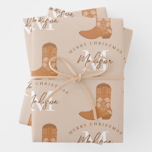 Personalized Merry Christmas Cowboy Boots Monogram Wrapping Paper Sheet