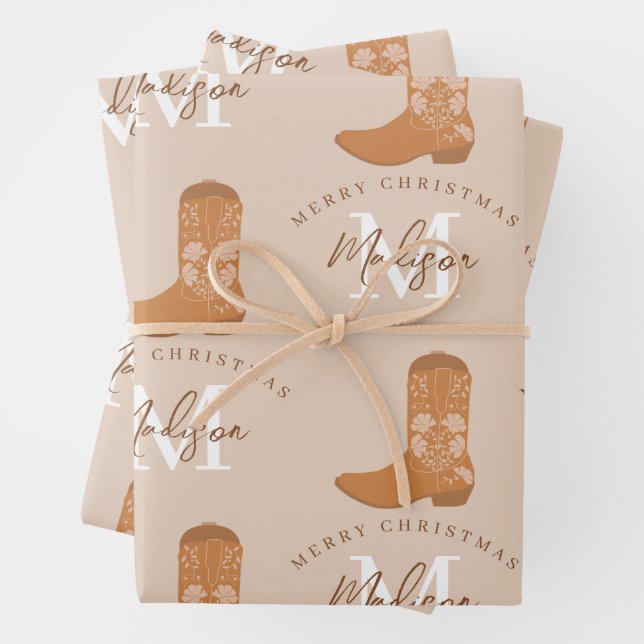 Personalized Merry Christmas Cowboy Boots Monogram Wrapping Paper Sheet (In situ)