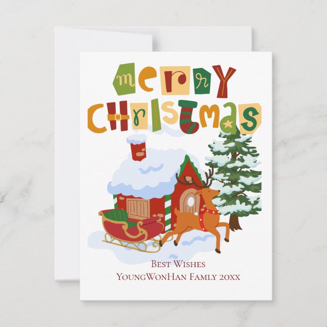 personalized Merry Christmas Deer and Sled Card (Front)