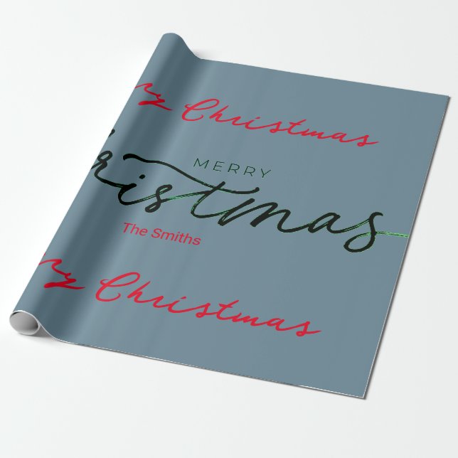 PERSONALIZED MERRY CHRISTMAS GIFT WRAP GRAY BLUE  (Unrolled)
