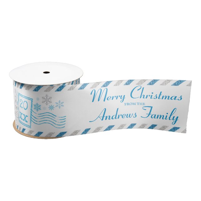 Personalized Merry Christmas Glitter Air Mail Satin Ribbon (Spool)
