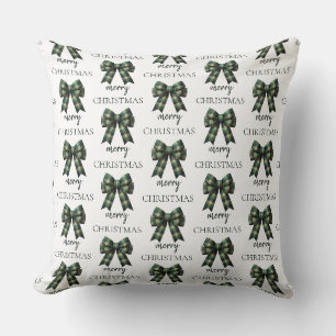 Personalized Merry Christmas Green Plaid Bow Cushion