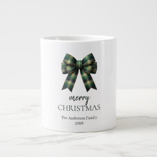 Personalized Merry Christmas   Green Plaid Bow Large Coffee Mug