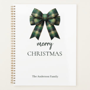 Personalized Merry Christmas Green Plaid Bow Planner