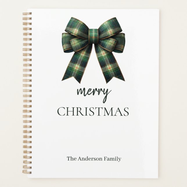 Personalized Merry Christmas | Green Plaid Bow Planner (Front)