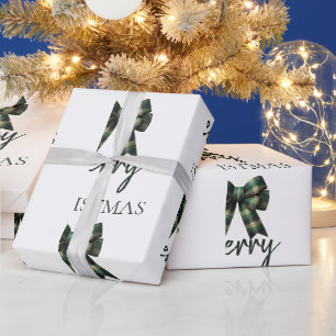 Personalized Merry Christmas green Plaid Bow Wrapping Paper