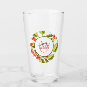 Personalized Merry Christmas Holly Leaves Berries Glass