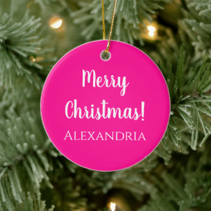 Personalized Merry Christmas Hot Pink Ceramic Tree Decoration