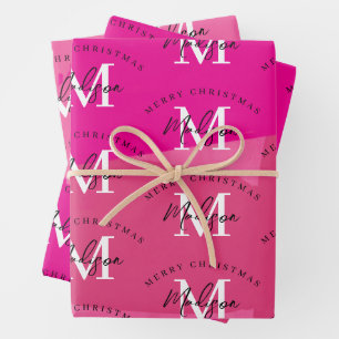 Personalized Merry Christmas Pink Paint Monogram  Wrapping Paper Sheet