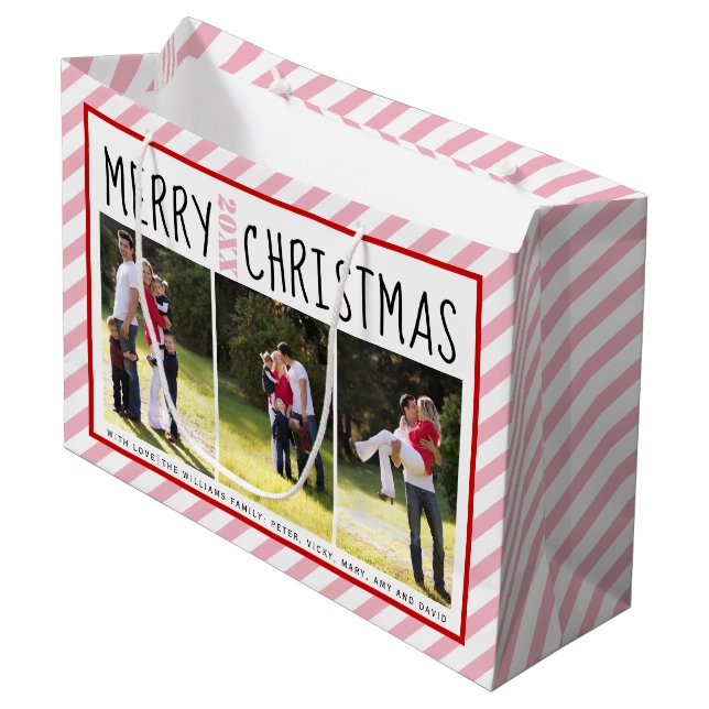 Personalized Merry Christmas pink stripes photo Large Gift Bag (Front Angled)