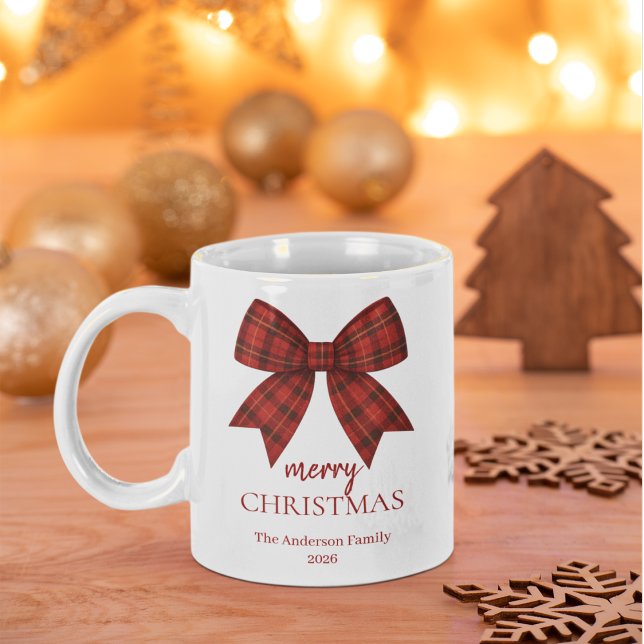 Personalized Merry Christmas | Red Plaid Bow Large Coffee Mug (Creator Uploaded)