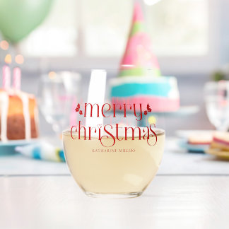 Personalized Merry Christmas Red Typography Stemless Wine Glass