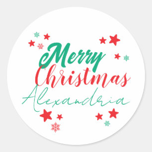Personalized Merry Christmas Script Red and Green Classic Round Sticker