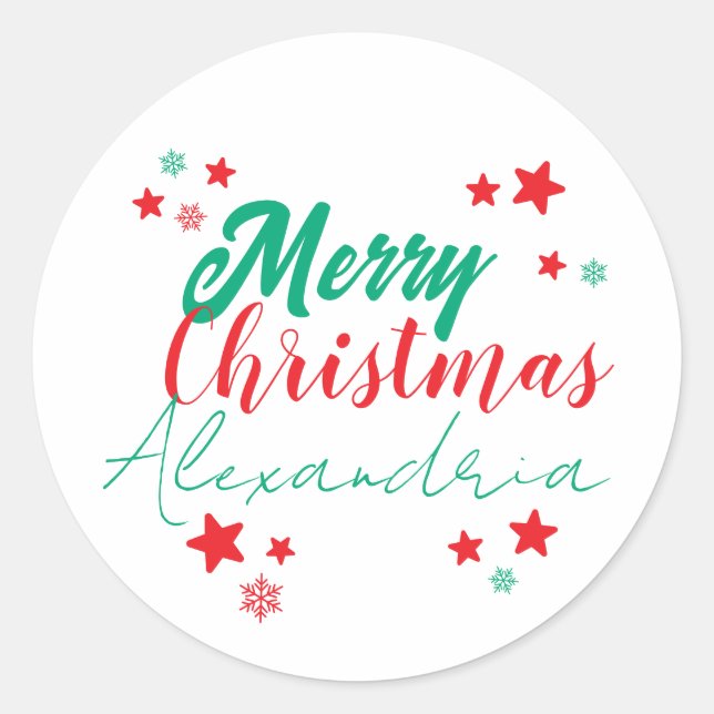 Personalized Merry Christmas Script Red and Green Classic Round Sticker (Front)