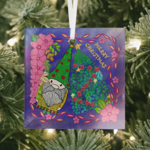 PERSONALIZED MERRY CHRISTMAS WITH GNOME XMAS TREE GLASS TREE DECORATION