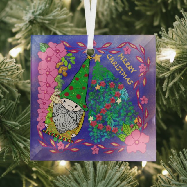 PERSONALIZED MERRY CHRISTMAS WITH GNOME XMAS TREE GLASS TREE DECORATION (Insitu)