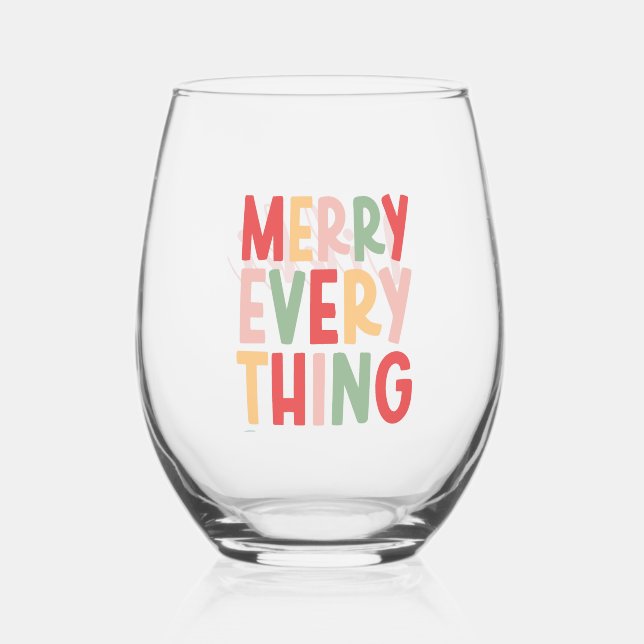 Personalized Merry Everything Colorful Christmas Stemless Wine Glass (Front)
