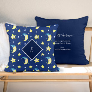 Personalized Message Moon and Stars Blue Cushion