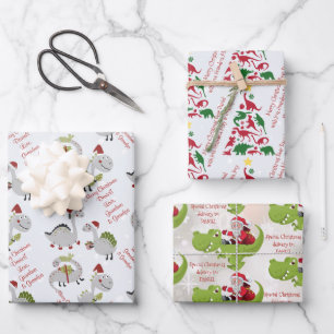 Personalized message template dinosaur Christmas Wrapping Paper Sheet