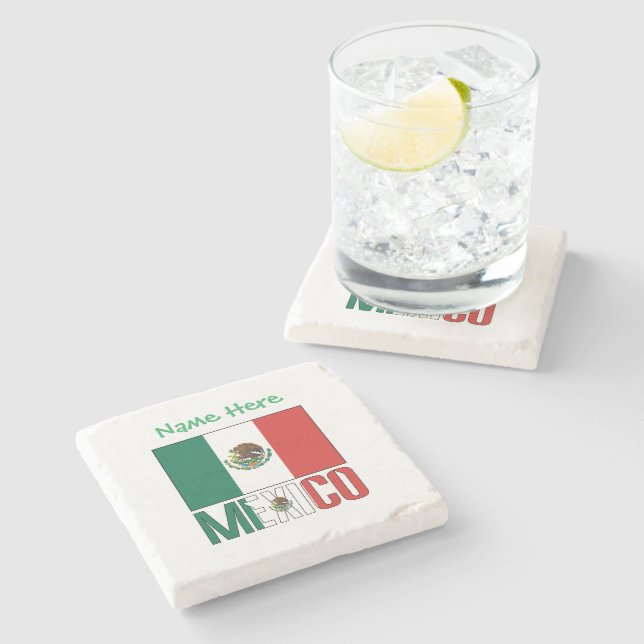 Personalized Mexico Flag Name Design Stone Coaster (Side)
