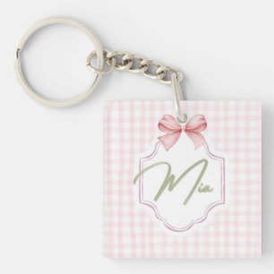 Personalized Mia Baby Girl Nursery Bow & Gingham Key Ring