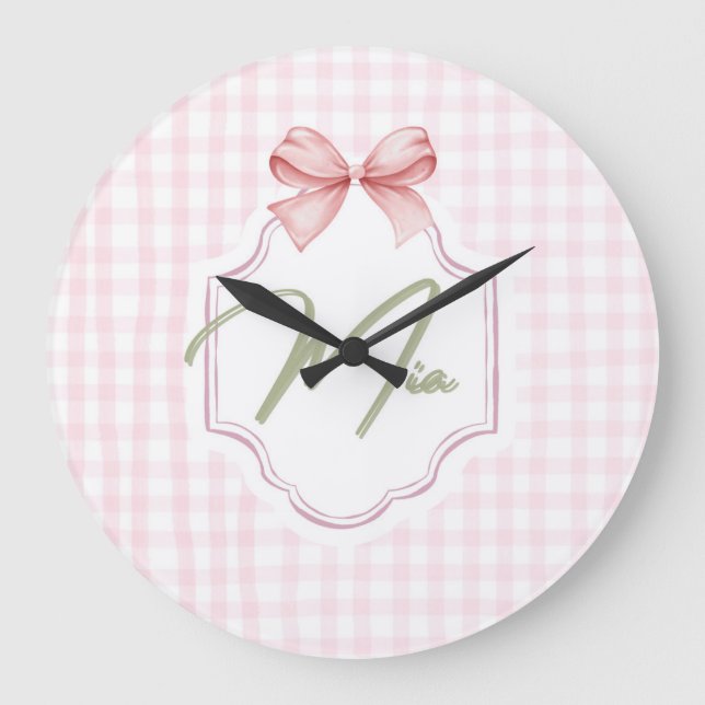 Personalized Mia Baby Girl Nursery Bow & Gingham  Large Clock (Front)