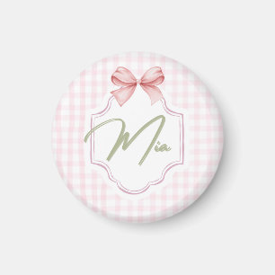 Personalized Mia Baby Girl Nursery Bow & Gingham Magnet