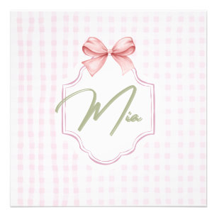 Personalized Mia Baby Girl Nursery Bow & Gingham Photo Print